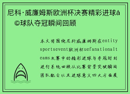 尼科·威廉姆斯欧洲杯决赛精彩进球助球队夺冠瞬间回顾 尼科·威廉姆斯欧洲杯决赛精彩进球助球队夺冠瞬间回顾